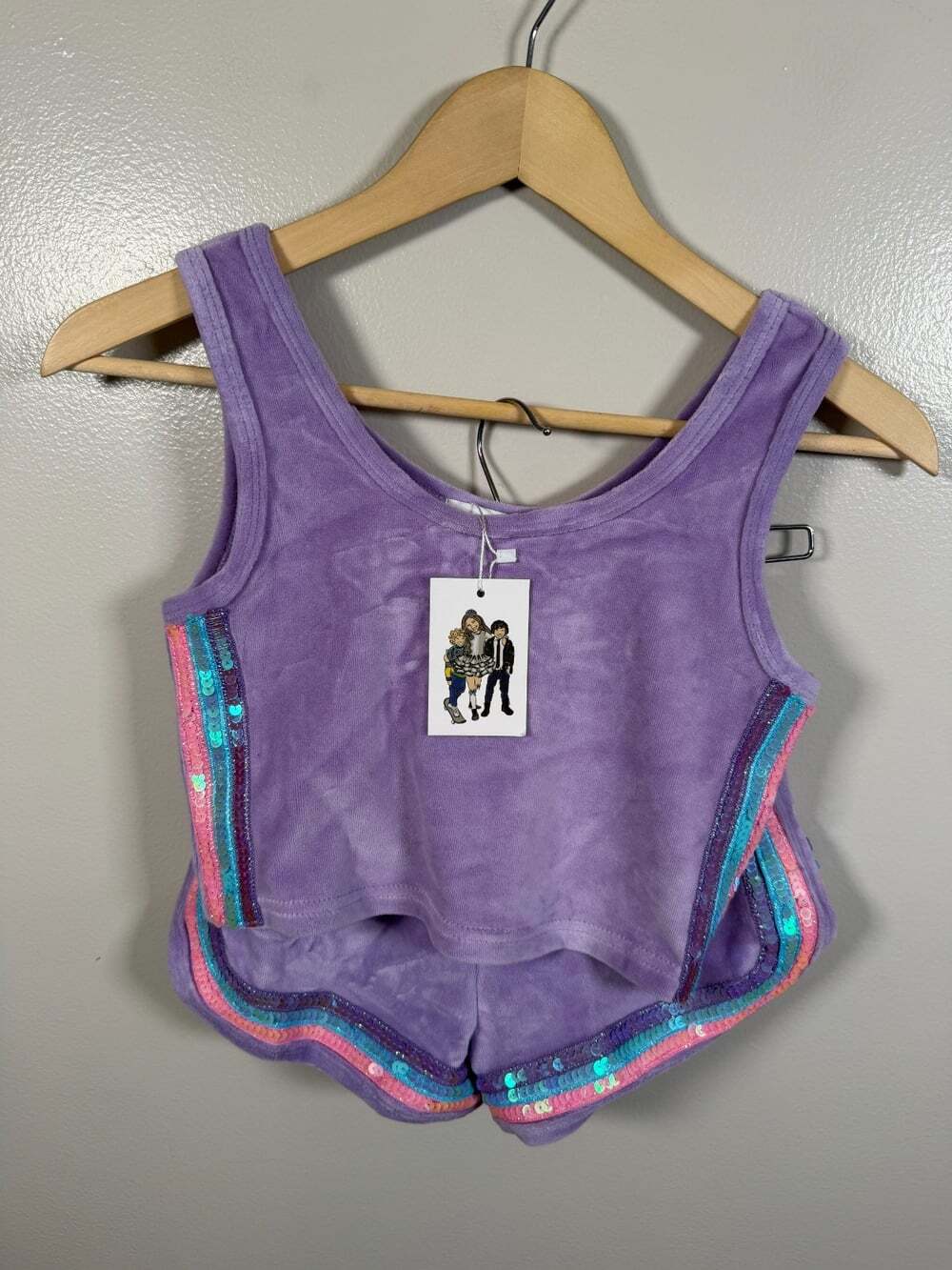 Lola and the Boys Rainbow Velour Sequin Tank Set 10 Lavender Purple Shorts 2Pc